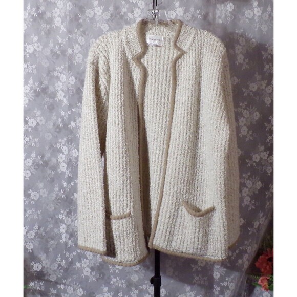 Hudsons Sweaters - Vintage 80s Cardigan 1980s Cream Acrylic Clutch Pockets Cozy Academia Size Large